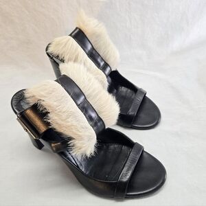 Zero + Maria Cornejo Women's 37.5 Black Leather Ankle Strap Sandals White Fur